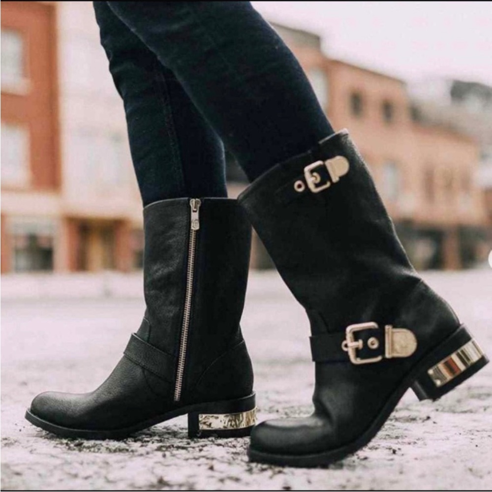 Vince Camuto Walda Leather and Gold Moto Boots Size 6.5